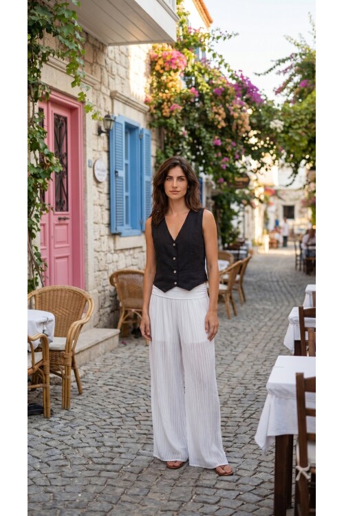 Terra %100 Linen Tasarım Düğmeli Yelek Siyah