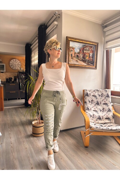 Tucci İtalyan Sihirli Payet Detay Pantalon Haki