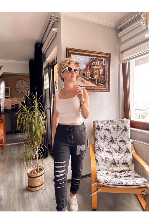 Tucci İtalyan Sihirli Payet Detay Pantalon Siyah