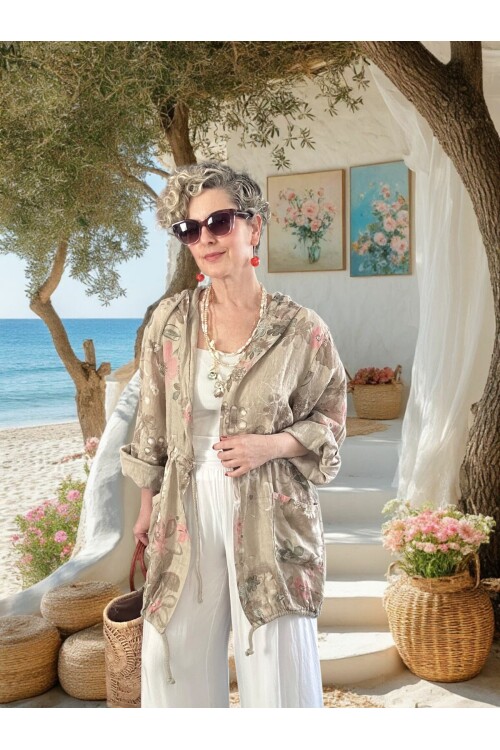 Vinci %100 Linen Kapüşonlu Çiçek Desenli Tasarım Ceket Beige