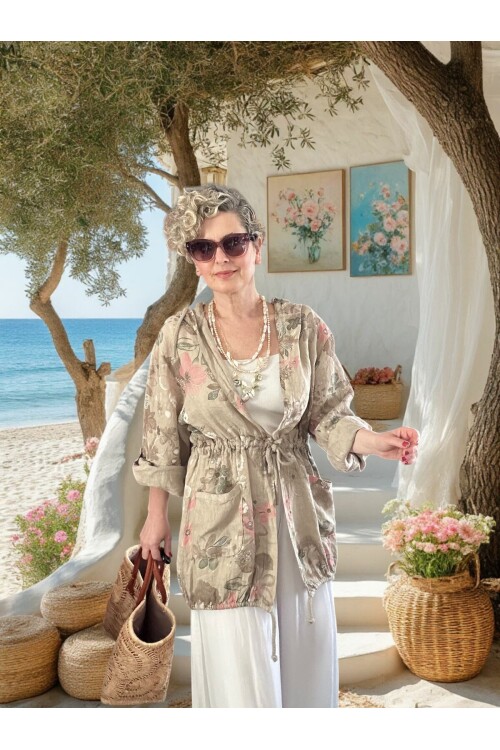Vinci %100 Linen Kapüşonlu Çiçek Desenli Tasarım Ceket Beige