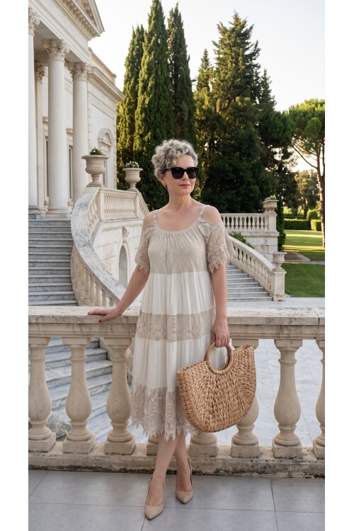 Zecca İtalyan Brode Nakışlı  Askılı Midi Elbise Beige