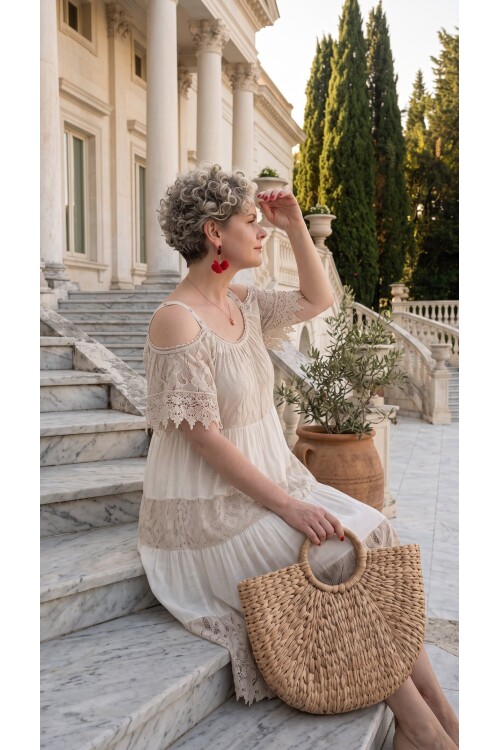 Zecca İtalyan Brode Nakışlı  Askılı Midi Elbise Beige