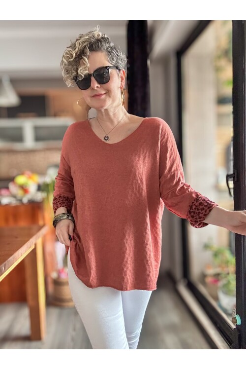 Zuppa İtalyan Leopar Desen Triko Kiremit