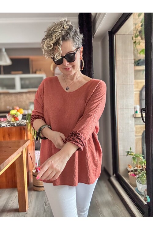Zuppa İtalyan Leopar Desen Triko Kiremit