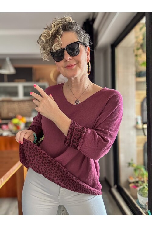 Zuppa İtalyan Leopar Desen Triko Mürdüm