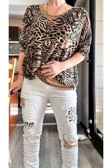 İtaliana Leopar Desen Pul Detaylı Sihirli Pantolon Beyaz