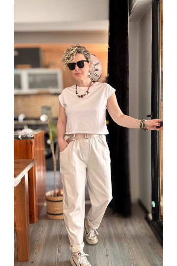 Betty İtalyan Balon Kemerli Pantolon Beige