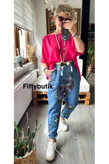 Delli İtalyan Çiçek Desen İndigo Mavi Keten Pantolon