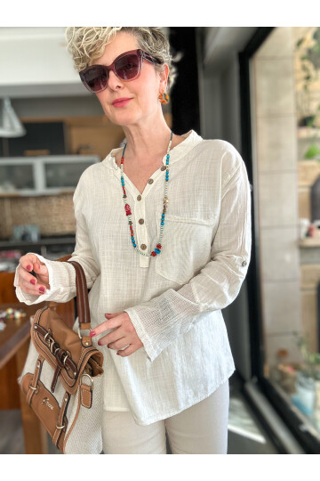 Jalli Tasarım Sırt File Detay Gömlek Bej