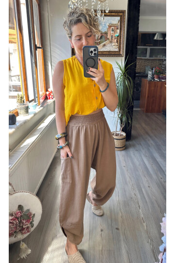 Jimmy V Paça Detaylı Bel Lastik Pamuk Pantalon Vizon