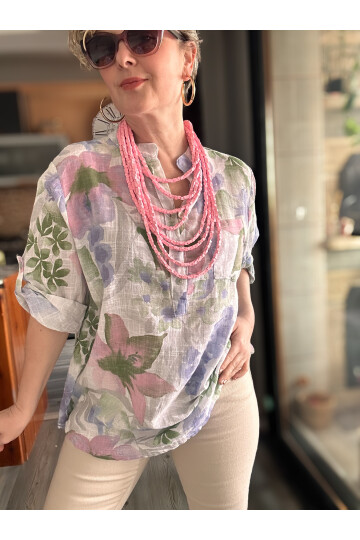 Netti Zambak Desen İtalyan Gömlek Beyaz