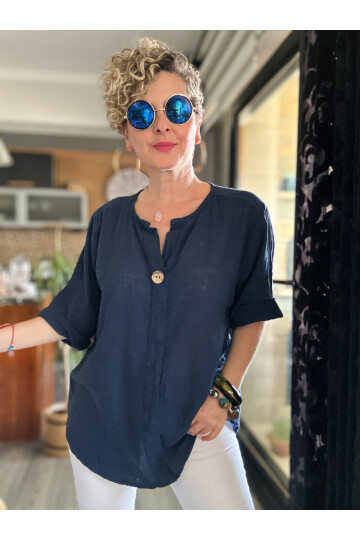 Peppino İtalyan Tahta Düğme Detay Bluz Lacivert