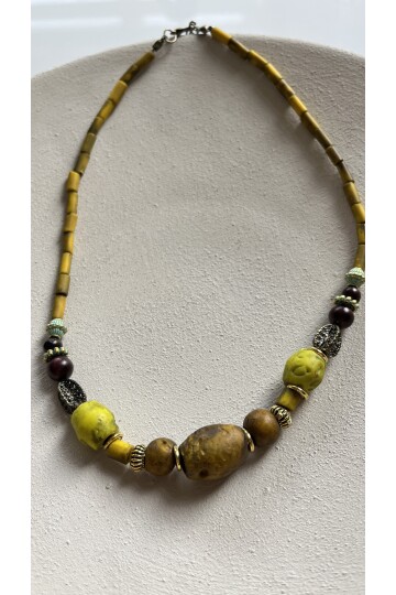 Ragis Pirinç Cam Etnik Kolye Hardal