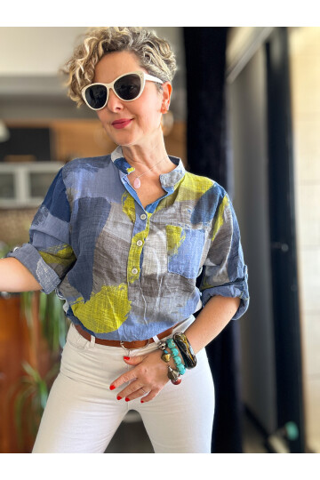 Senso Patchwork Desen İtalyan Gömlek İndigo