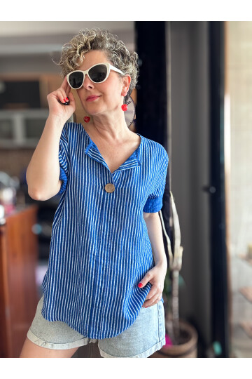 Rimmi İtalyan Çizgili Düğme Detay Bluz Sax