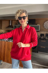 Rozi Polo Yaka Sim Şeritli Triko Bluz Kırmızı