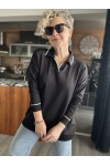 Rozi Polo Yaka Sim Şeritli Triko Bluz Siyah